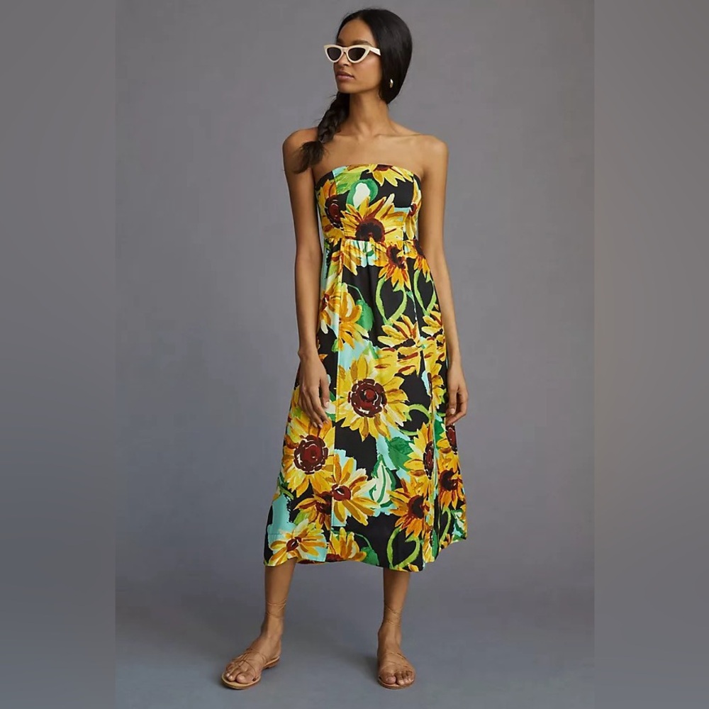 Anthropologie Black Strapless Midi Dress with Yellow Floral Print